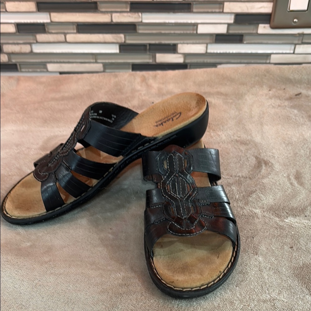 Black Leather Slide Sandals